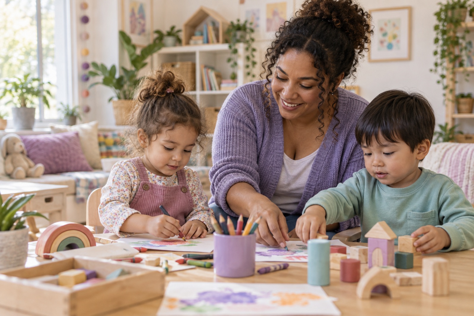Childminder helping two young children with a creative activity in a bright home setting
